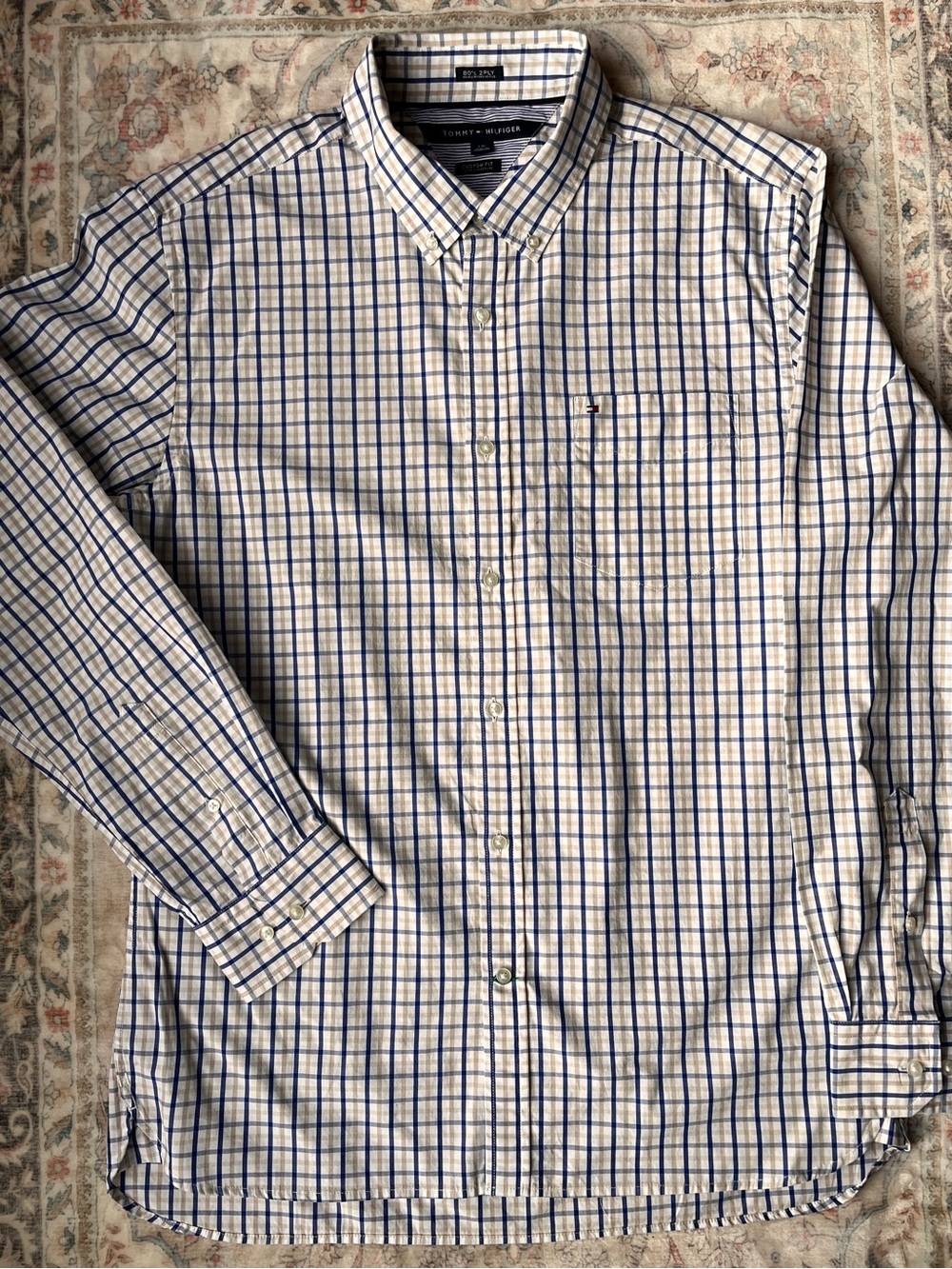 Tommy Hilfiger Cream and Blue Plaid Button-Down Shirt